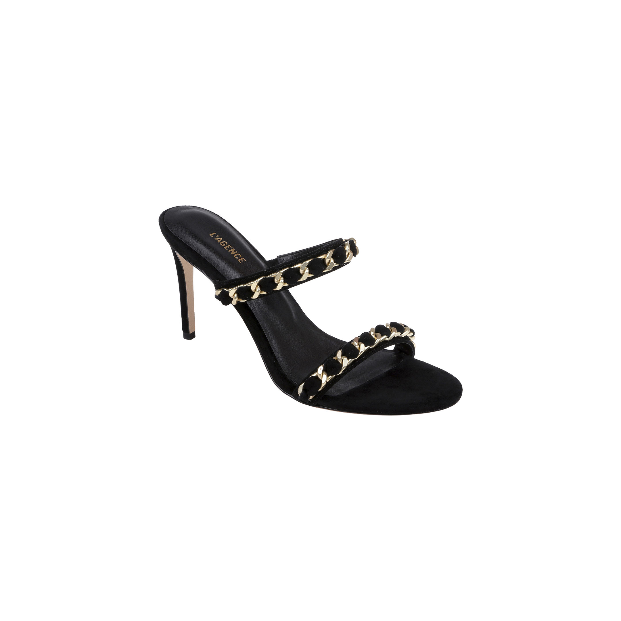 Introducing the Sarika Chain Sandal: a high-fashion sandal crafted in black suede, featuring two straps adorned with bold gold chain hardware. This elegant design is completed with an open toe and a slender stiletto heel.