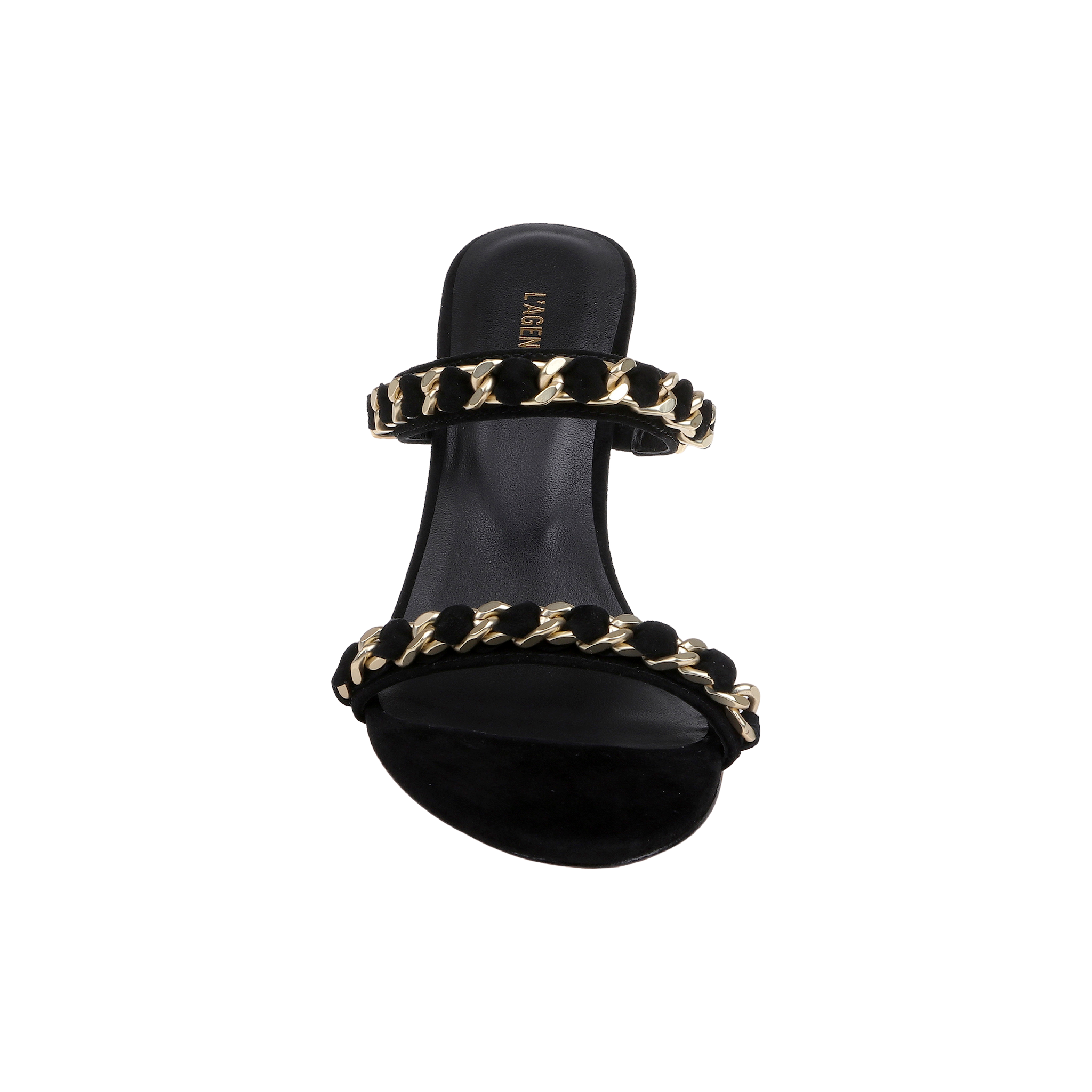 The Sarika Chain Sandal, crafted in black suede, features two straps embellished with bold gold chain hardware and is displayed from a top-down perspective against a plain white background.