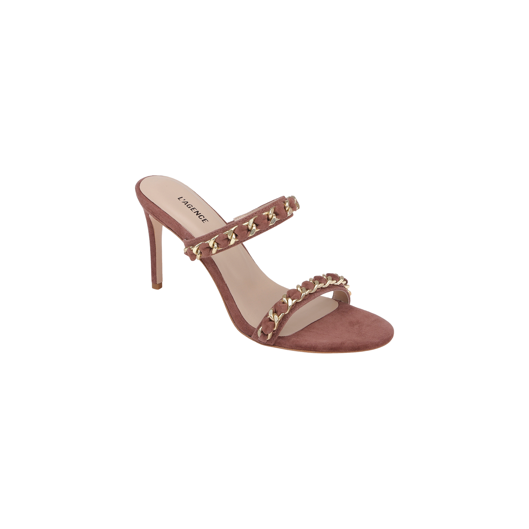 Introducing the Sarika Chain Sandal—a high-fashion sandal crafted in mauve suede, showcasing two straps embellished with gold chain hardware and an open toe silhouette.
