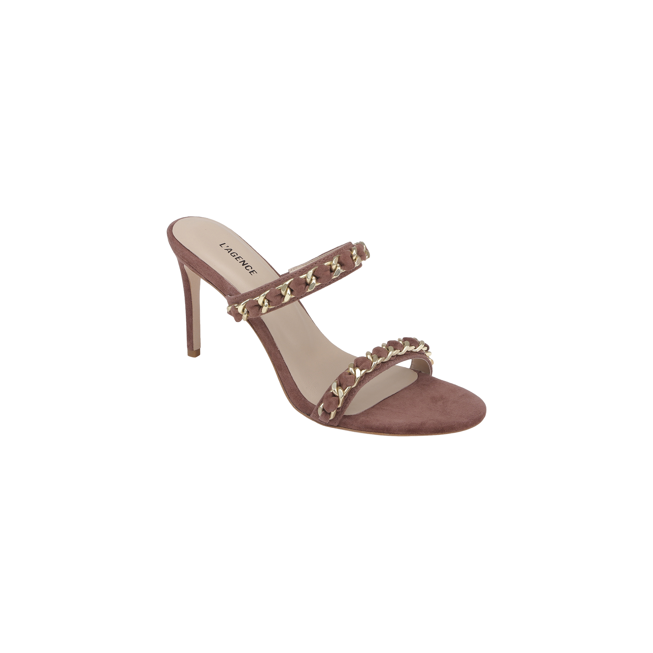 Introducing the Sarika Chain Sandal—a high-fashion sandal crafted in mauve suede, showcasing two straps embellished with gold chain hardware and an open toe silhouette.