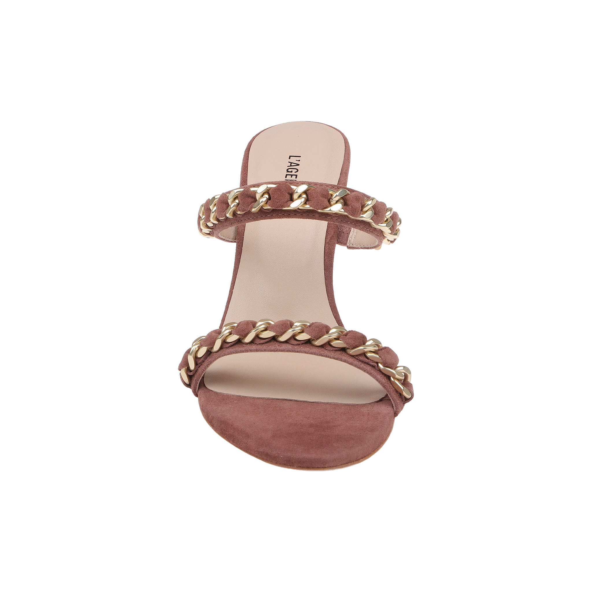 The Sarika Chain Sandal, shown from above on a white background, is a mauve high-fashion sandal with a suede heel and two suede straps embellished with gold chain hardware.
