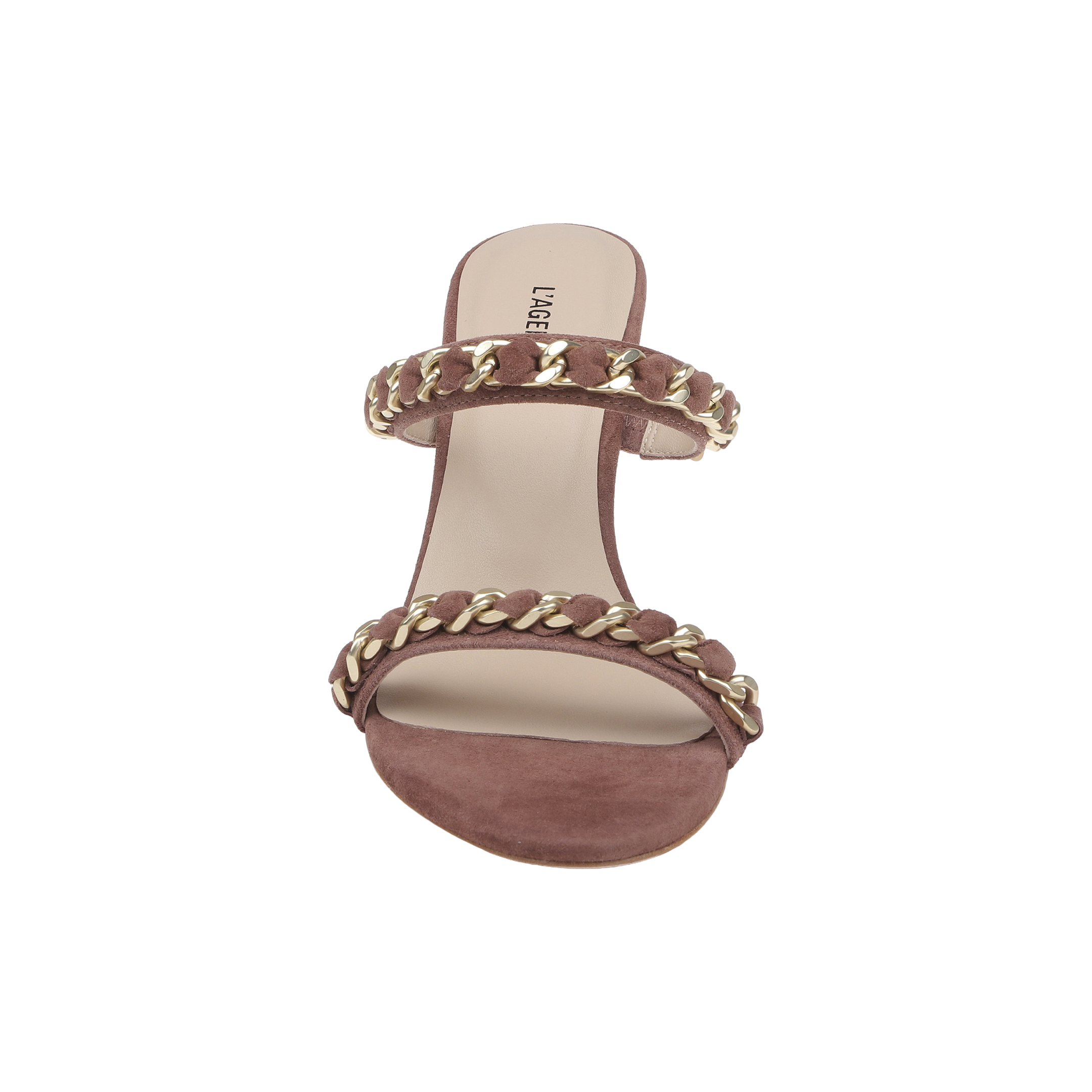 The Sarika Chain Sandal, shown from above on a white background, is a mauve high-fashion sandal with a suede heel and two suede straps embellished with gold chain hardware.