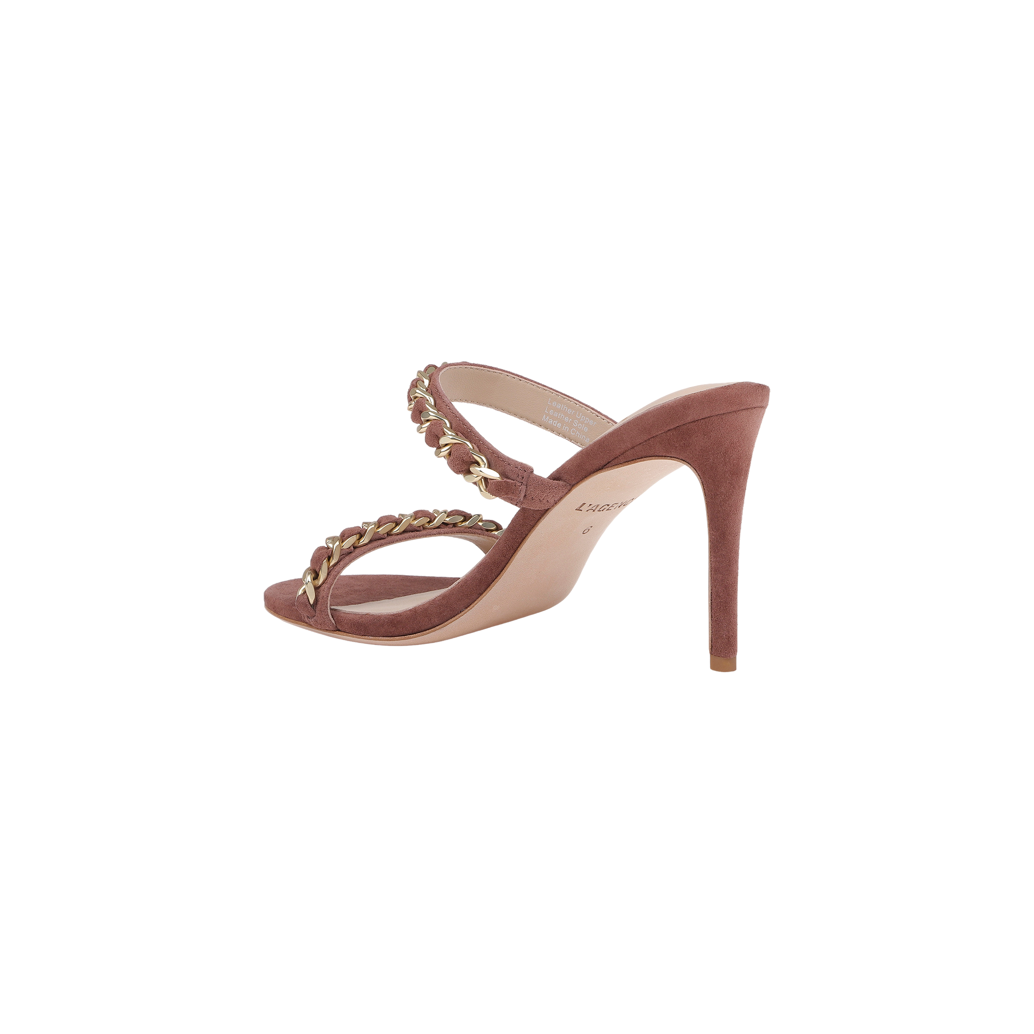 Introducing the Sarika Chain Sandal—a high-fashion mauve suede sandal featuring two straps across the foot, each embellished with elegant gold chain hardware. This stylish sandal is designed with an open toe and a sleek stiletto heel.