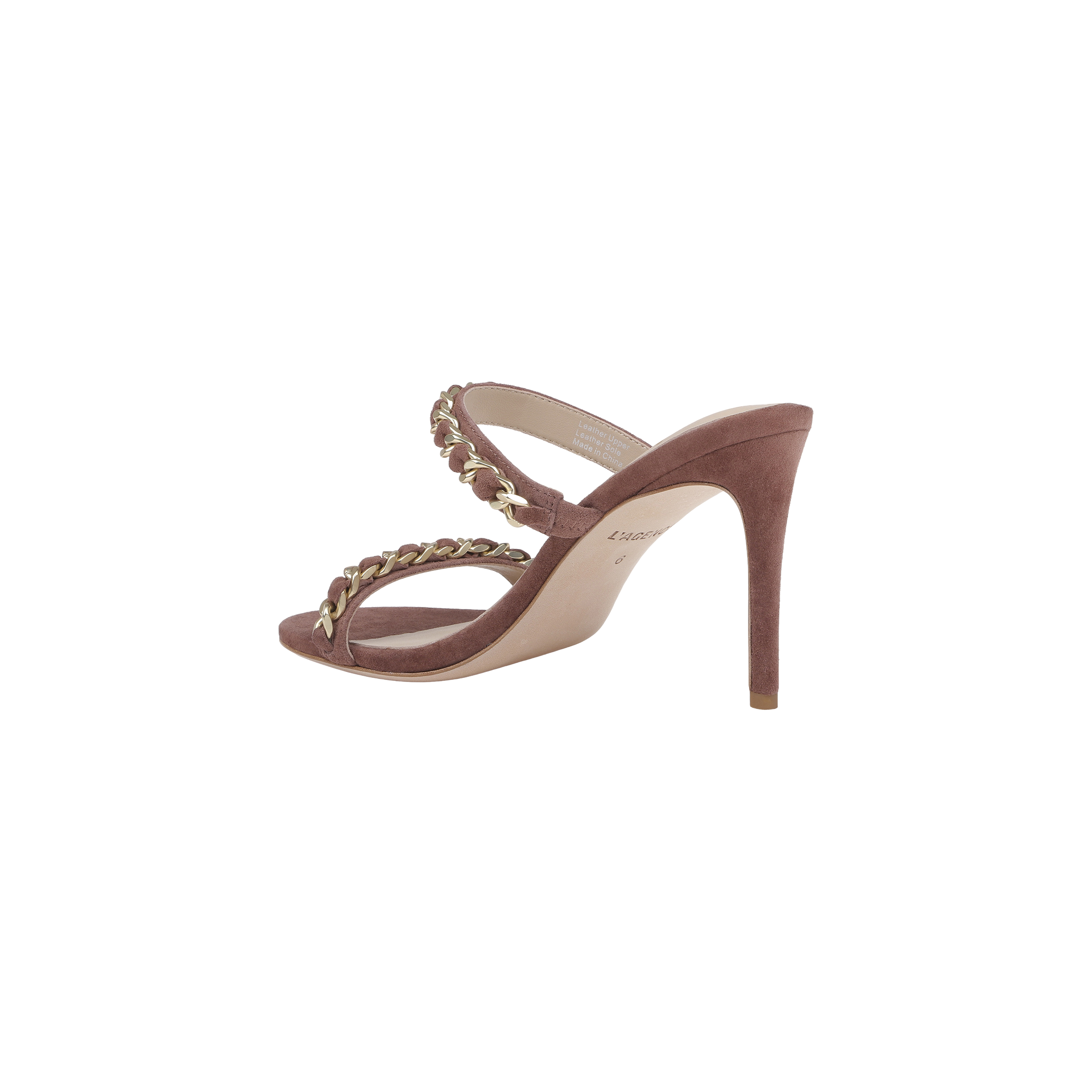 Introducing the Sarika Chain Sandal—a high-fashion mauve suede sandal featuring two straps across the foot, each embellished with elegant gold chain hardware. This stylish sandal is designed with an open toe and a sleek stiletto heel.