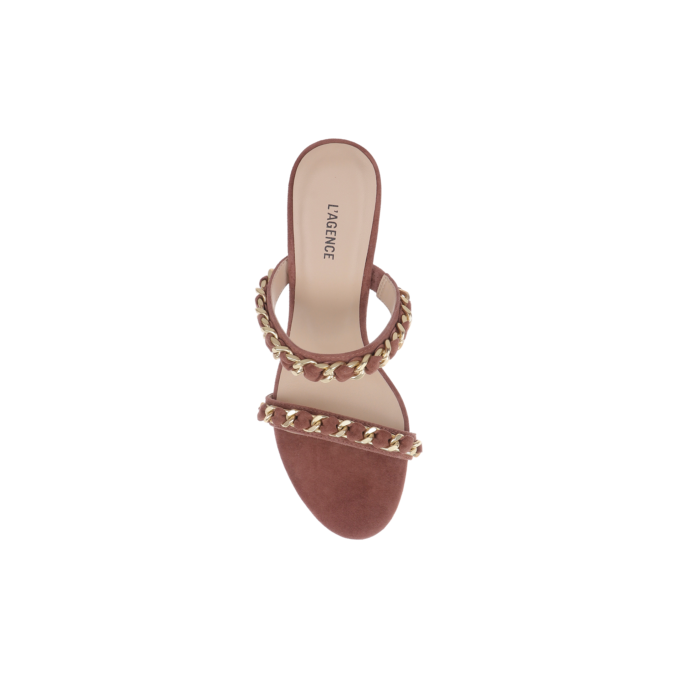 The Sarika Chain Sandal is a brown high-fashion sandal featuring two gold chain hardware-accented straps and a flat sole, viewed from above. The insole displays “LAGENCE” in black text.