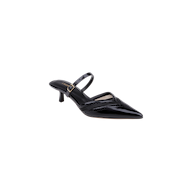 Shelbie Kitten-Heel Mule in glossy black leather features a v-cut vamp, pointed toe, low kitten heel, and a single thin buckle strap, shown against a plain white background.