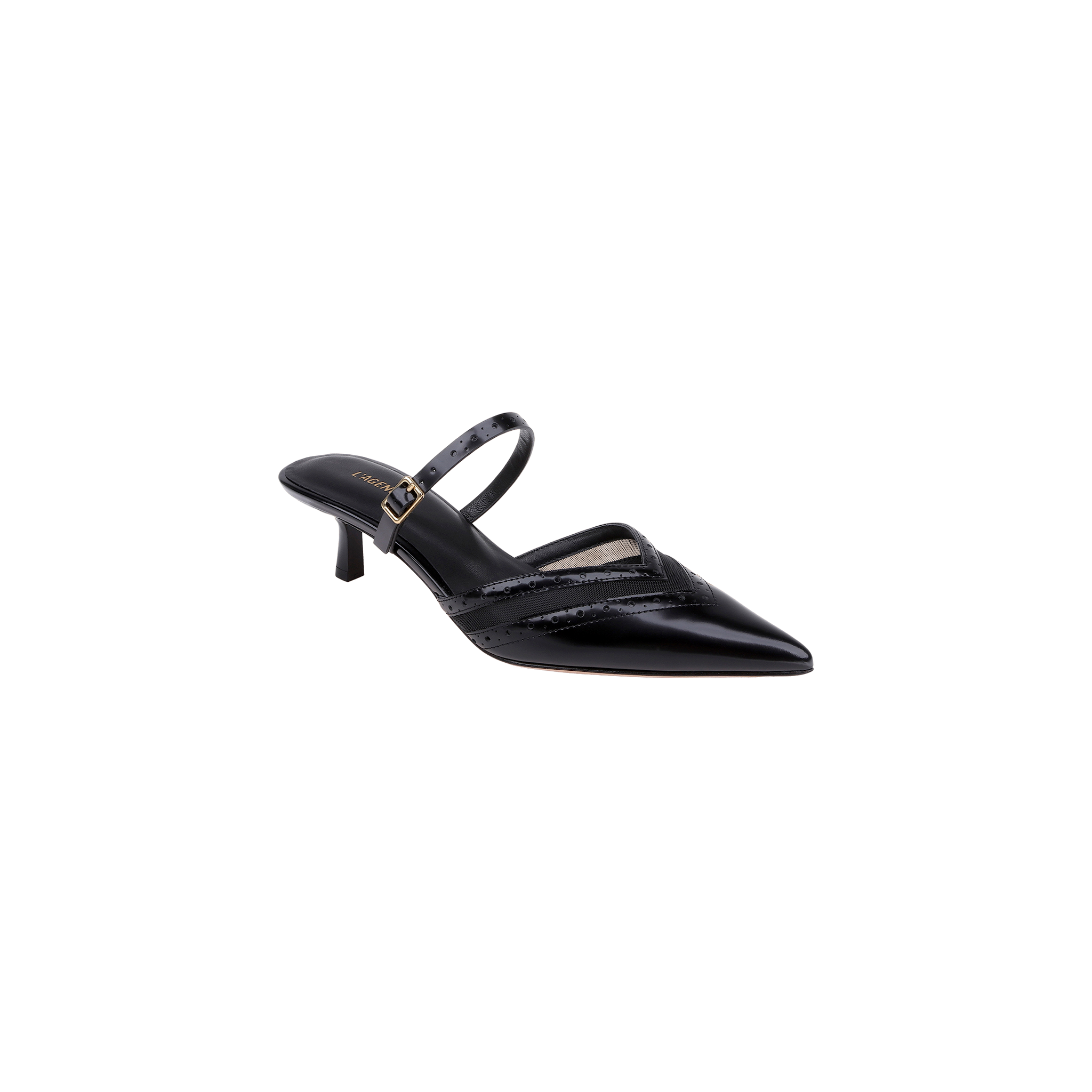 Shelbie Kitten-Heel Mule in glossy black leather features a v-cut vamp, pointed toe, low kitten heel, and a single thin buckle strap, shown against a plain white background.