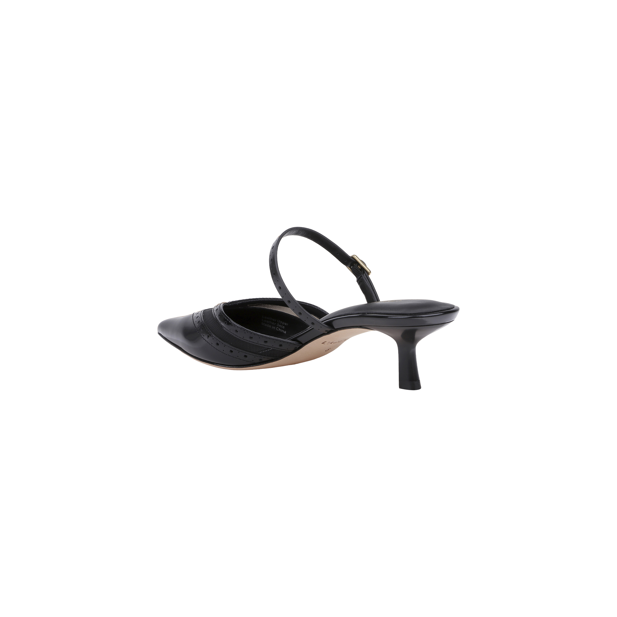 The Shelbie Kitten-Heel Mule in black showcases a pointed toe, thin ankle strap, v-cut vamp, and mid-height stiletto heel in a slingback style, presented from a rear angle against a plain white background.