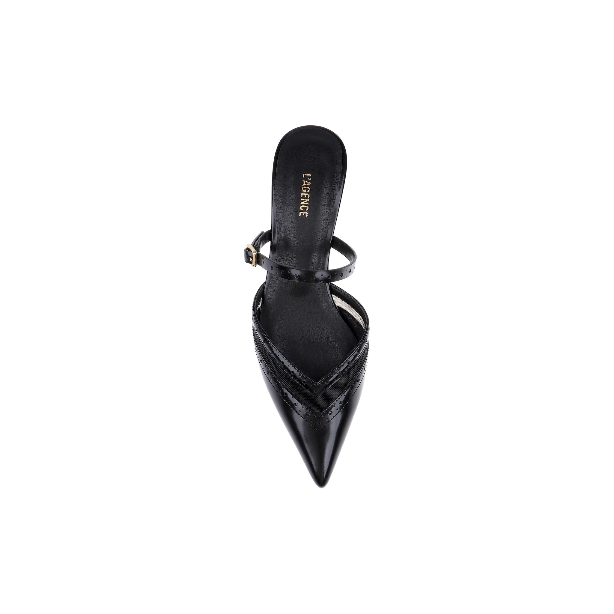 A top-down view of the Shelbie Kitten-Heel Mule, a black pointed-toe high heel shoe with a v-cut vamp and thin ankle strap, showcases the LAFORCE brand name printed in gold on the insole against a plain white background.