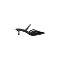 The Shelbie Kitten-Heel Mule is a black leather mule featuring a v-cut vamp, pointed toe, low kitten heel, and a thin strap with an adjustable small buckle across the instep, displayed on a white background.