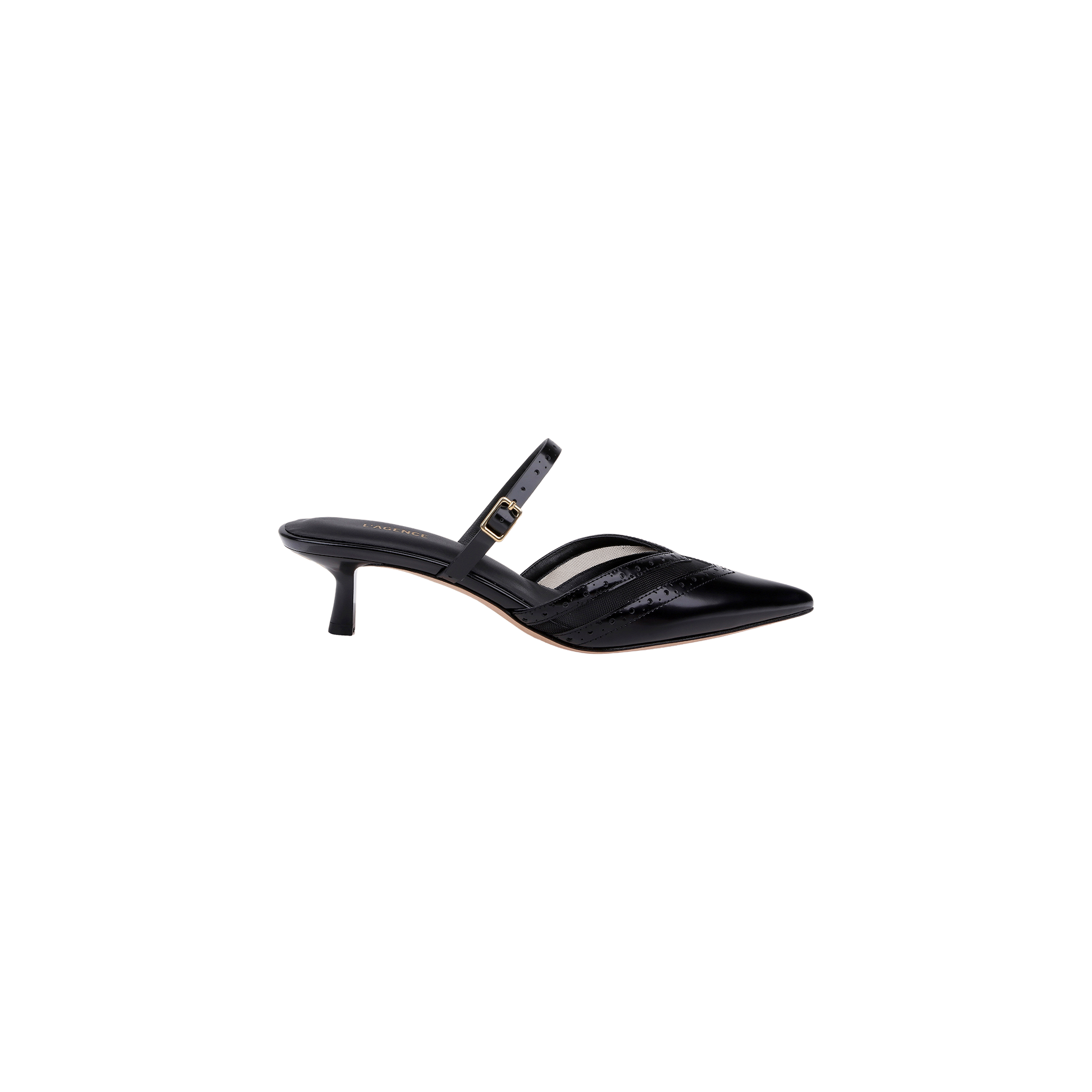 The Shelbie Kitten-Heel Mule is a black leather mule featuring a v-cut vamp, pointed toe, low kitten heel, and a thin strap with an adjustable small buckle across the instep, displayed on a white background.