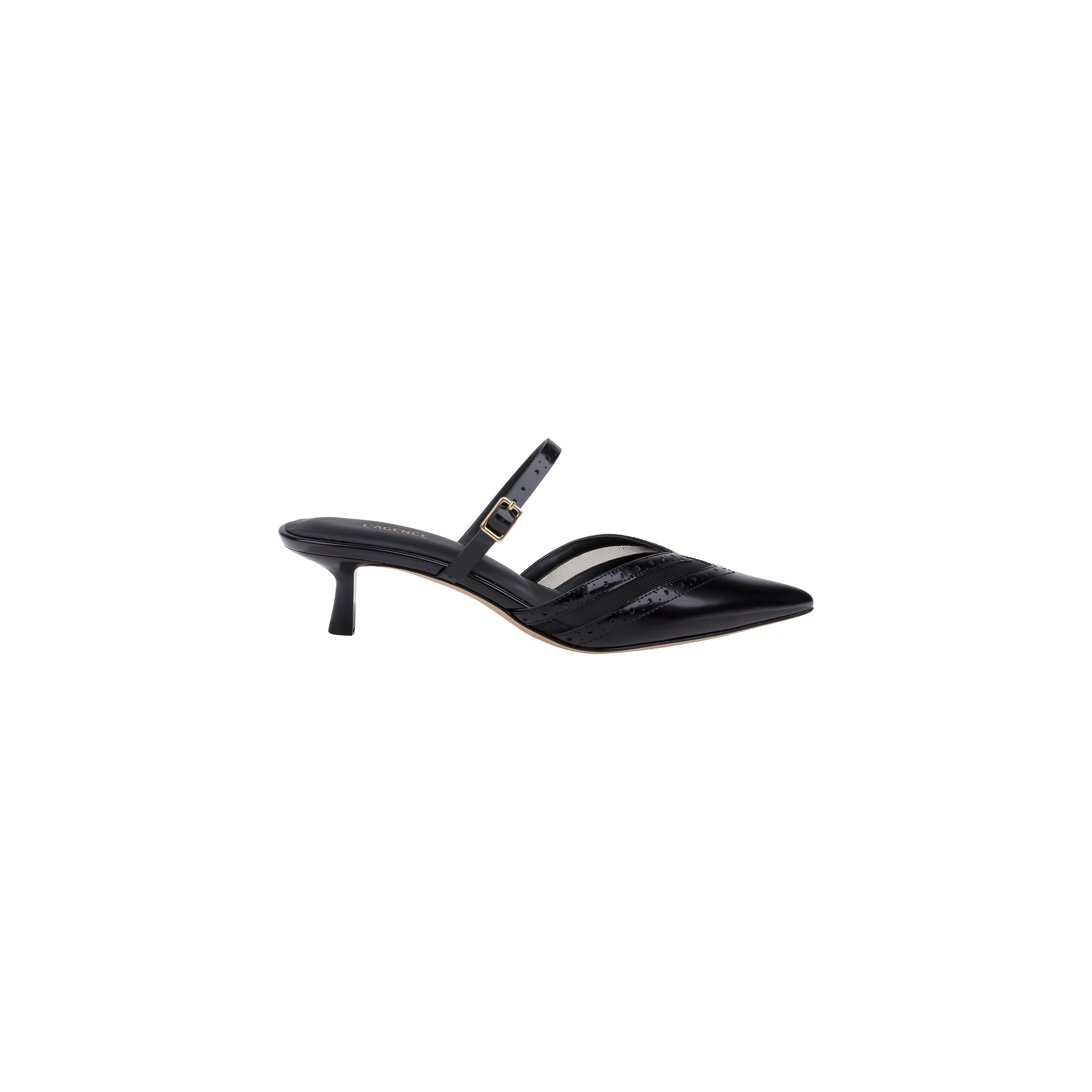 The Shelbie Kitten-Heel Mule is a black leather mule featuring a v-cut vamp, pointed toe, low kitten heel, and a thin strap with an adjustable small buckle across the instep, displayed on a white background.