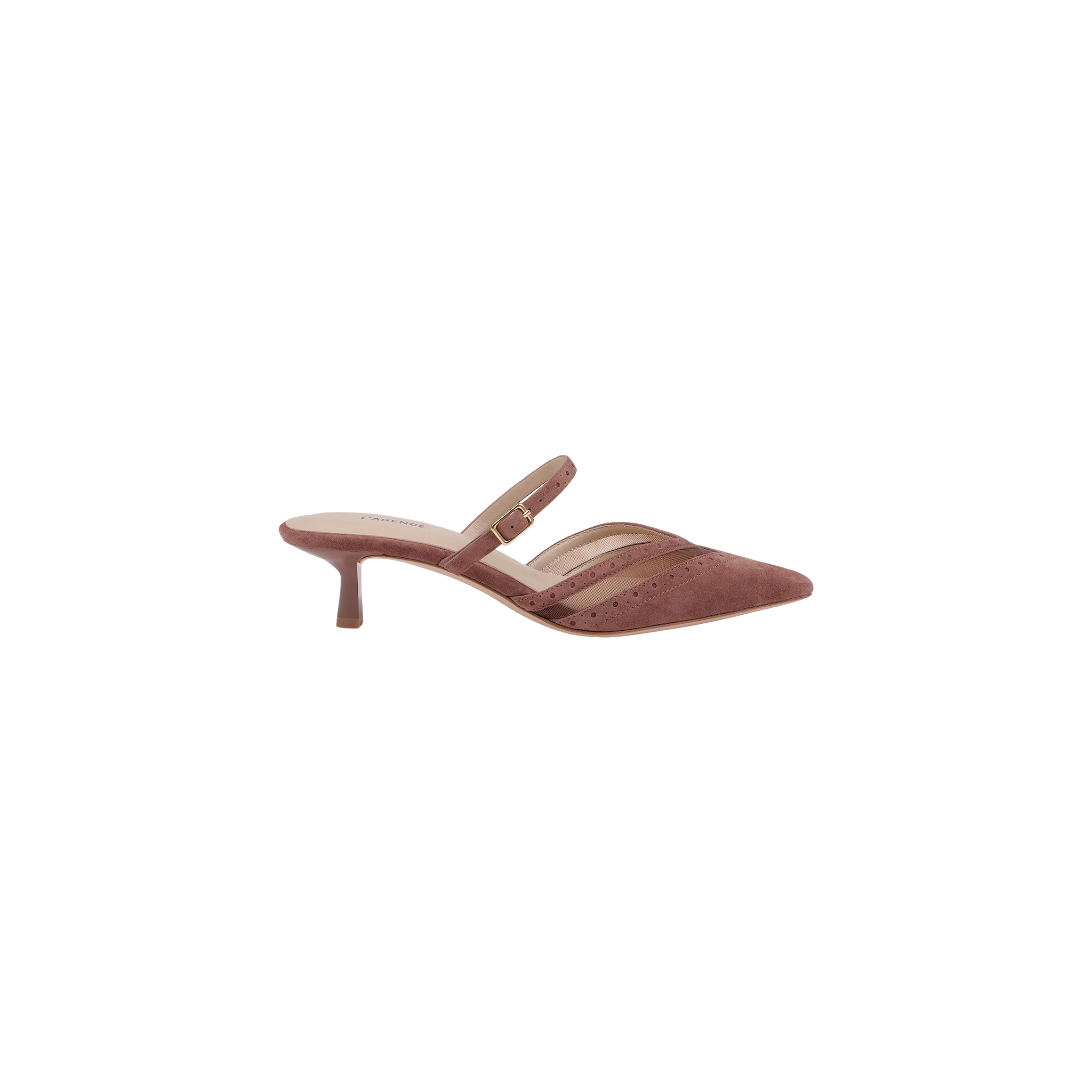 Introducing the Shelbie Kitten-Heel Mule: a brown suede brogue mule boasting a pointed toe, low kitten heel, and two slender straps across the top—one detailed with a delicate buckle.