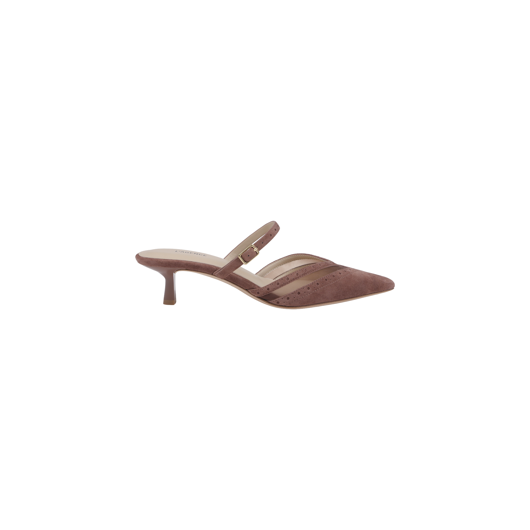 Introducing the Shelbie Kitten-Heel Mule: a brown suede brogue mule boasting a pointed toe, low kitten heel, and two slender straps across the top—one detailed with a delicate buckle.