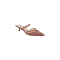 The Shelbie Kitten-Heel Mule is a mauve suede brogue mule featuring a pointed toe, adjustable strap, kitten heel, and sheer mesh detailing across the top, displayed on a white background.