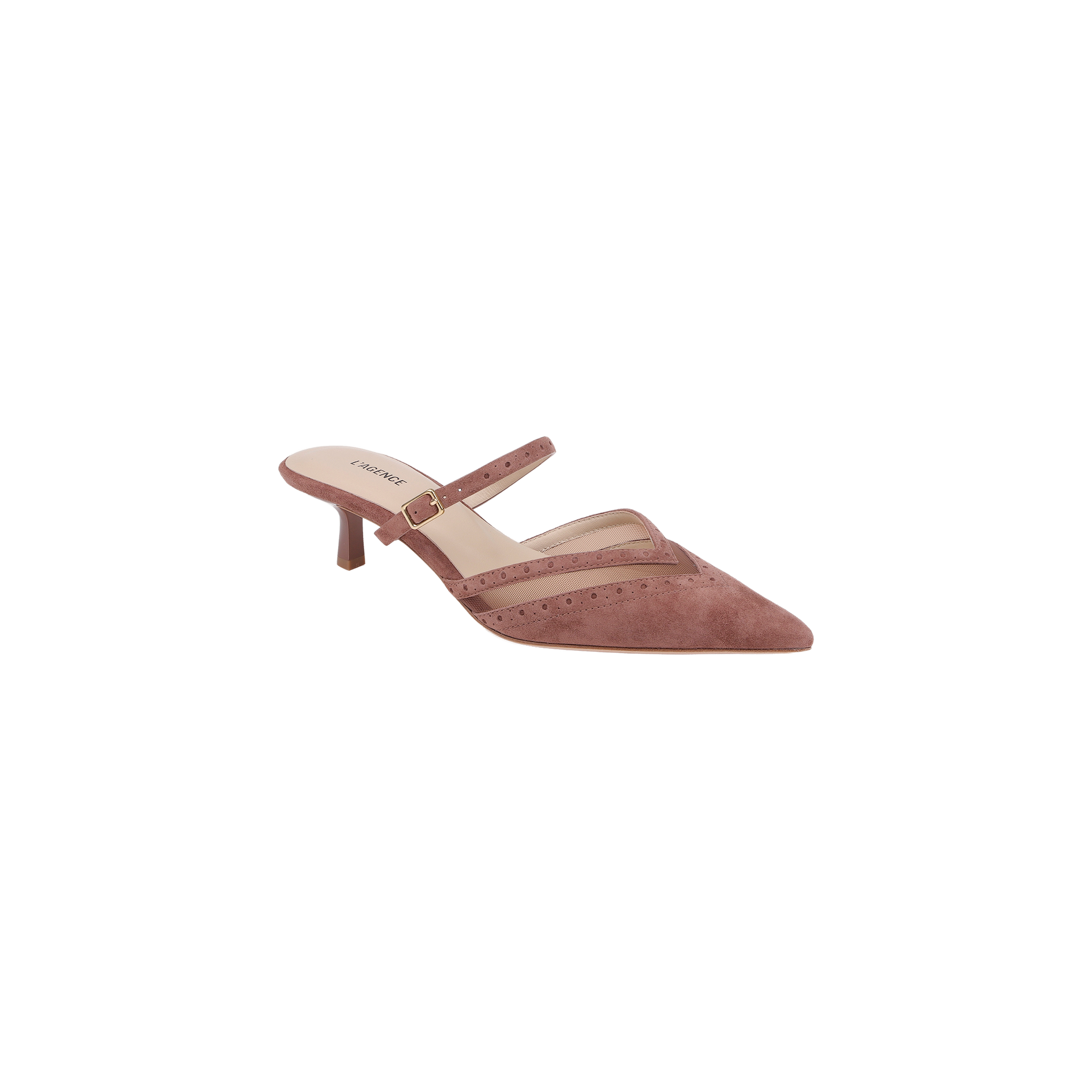 The Shelbie Kitten-Heel Mule is a mauve suede brogue mule featuring a pointed toe, adjustable strap, kitten heel, and sheer mesh detailing across the top, displayed on a white background.