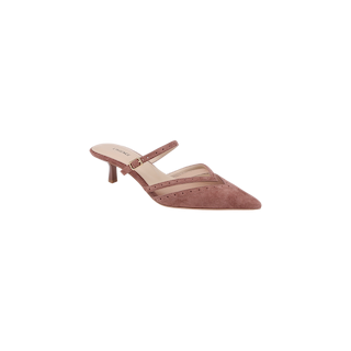Introducing the Shelbie Kitten-Heel Mule: a single mauve suede brogue mule featuring a pointed toe, low kitten heel, decorative perforations, and a thin strap with a gold buckle across the top—combining modern elegance with sophisticated design.