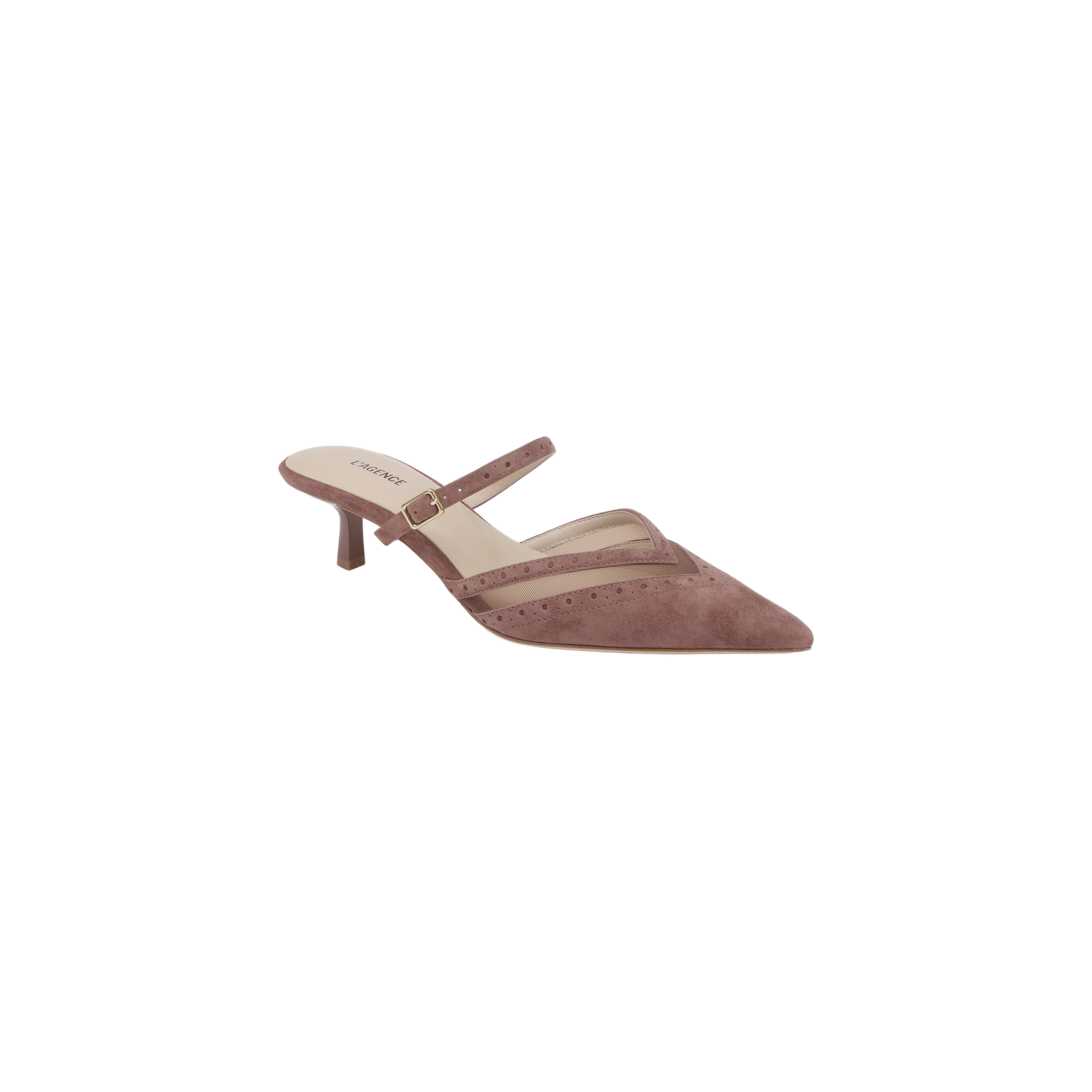 The Shelbie Kitten-Heel Mule is a mauve suede brogue mule featuring a pointed toe, adjustable strap, kitten heel, and sheer mesh detailing across the top, displayed on a white background.
