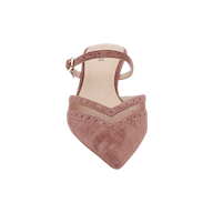 The Shelbie Kitten-Heel Mule, featuring mauve suede with decorative perforations, mesh detailing, a pointed toe, and an ankle strap, is shown from above on a white background.