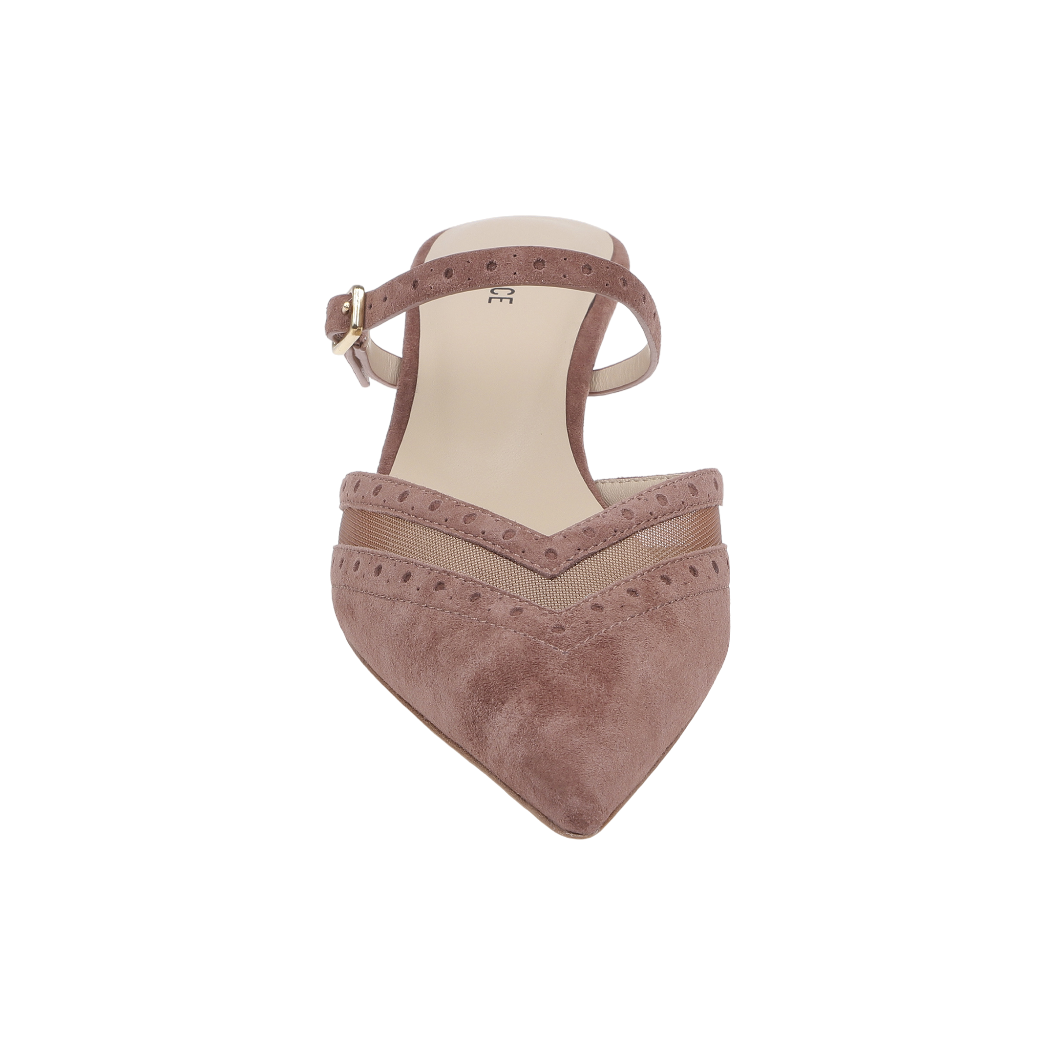 The Shelbie Kitten-Heel Mule, featuring mauve suede with decorative perforations, mesh detailing, a pointed toe, and an ankle strap, is shown from above on a white background.