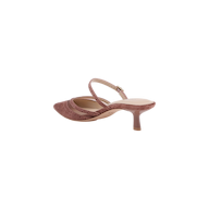 The Shelbie Kitten-Heel Mule is a mauve suede slingback heel featuring a pointed toe, an open heel, an adjustable ankle strap, and a chic kitten-heel silhouette, displayed on a white background.