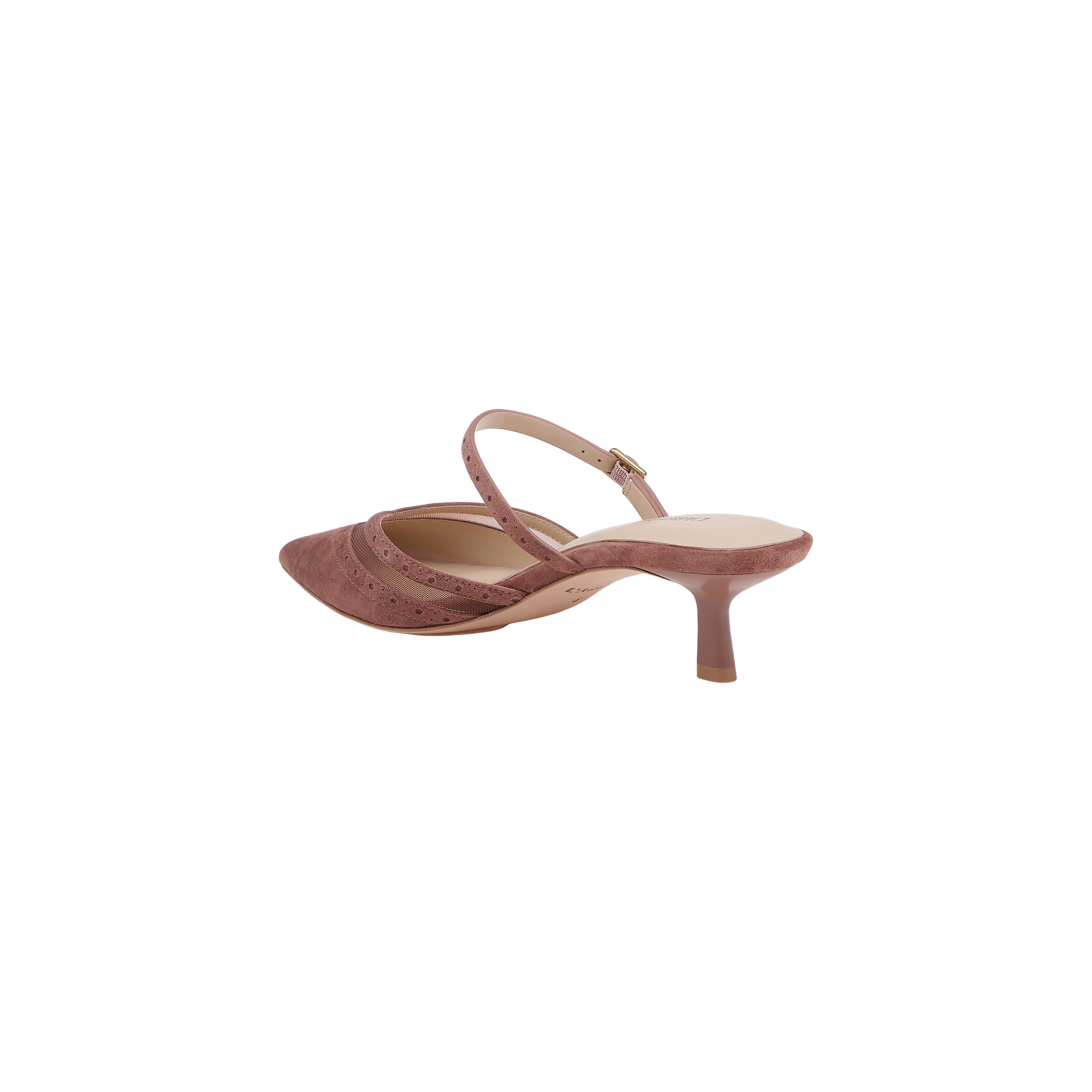 The Shelbie Kitten-Heel Mule is a mauve suede slingback heel featuring a pointed toe, an open heel, an adjustable ankle strap, and a chic kitten-heel silhouette, displayed on a white background.