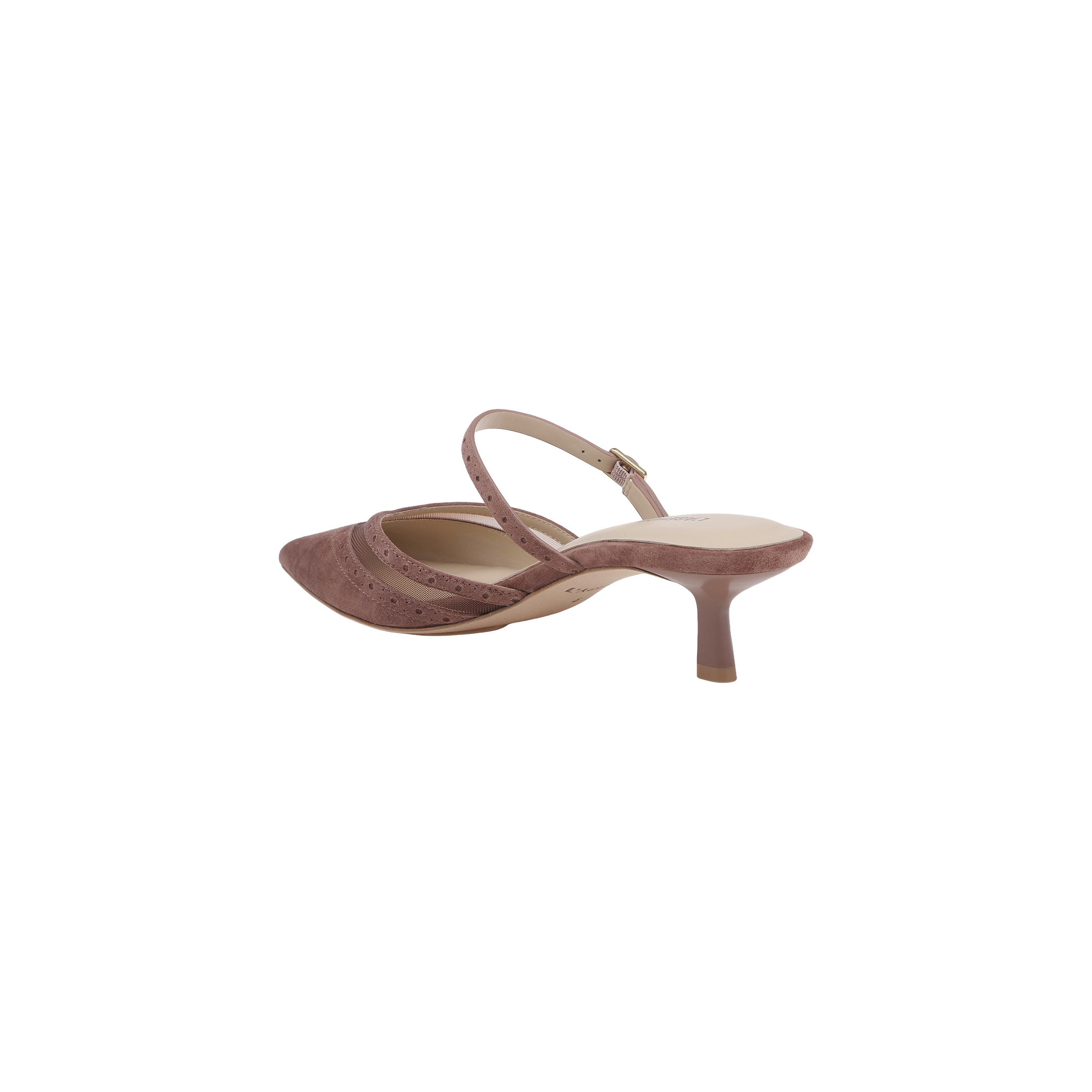The Shelbie Kitten-Heel Mule is a mauve suede slingback heel featuring a pointed toe, an open heel, an adjustable ankle strap, and a chic kitten-heel silhouette, displayed on a white background.
