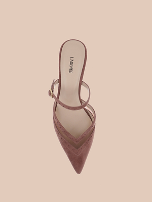 A single Shelbie Kitten-Heel Mule in pink suede with a pointed toe and buckled strap is shown from above on a light beige background. The insole features the “LA FEMME” label.