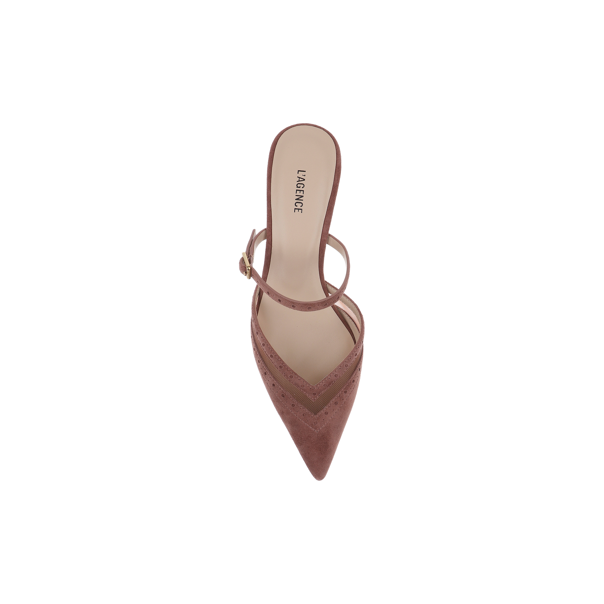 A top view of the Shelbie Kitten-Heel Mule in mauve, featuring a pointed toe, thin ankle strap, perforated detailing on the toe, and a kitten heel, displayed on a white background.