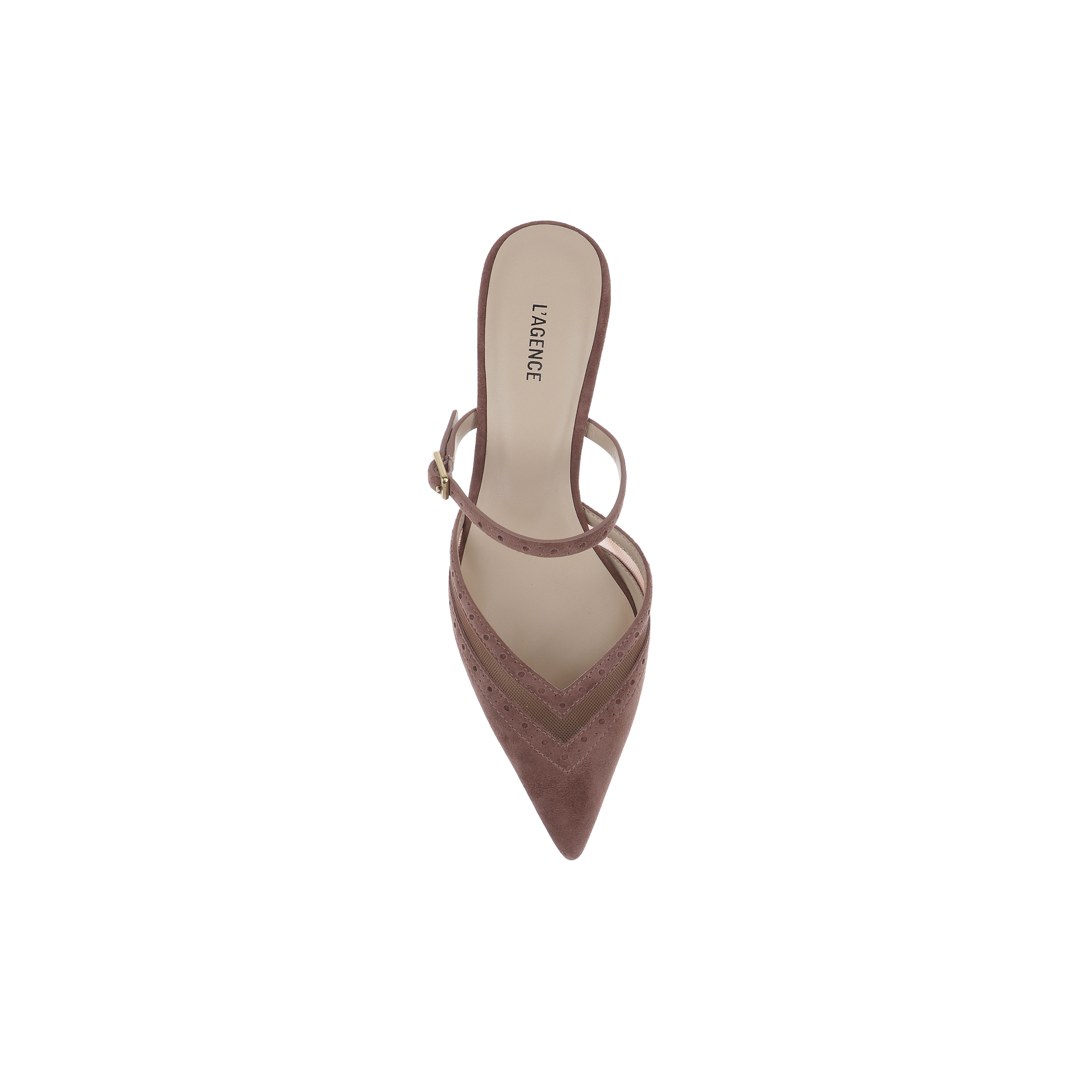 A top view of the Shelbie Kitten-Heel Mule in mauve, featuring a pointed toe, thin ankle strap, perforated detailing on the toe, and a kitten heel, displayed on a white background.