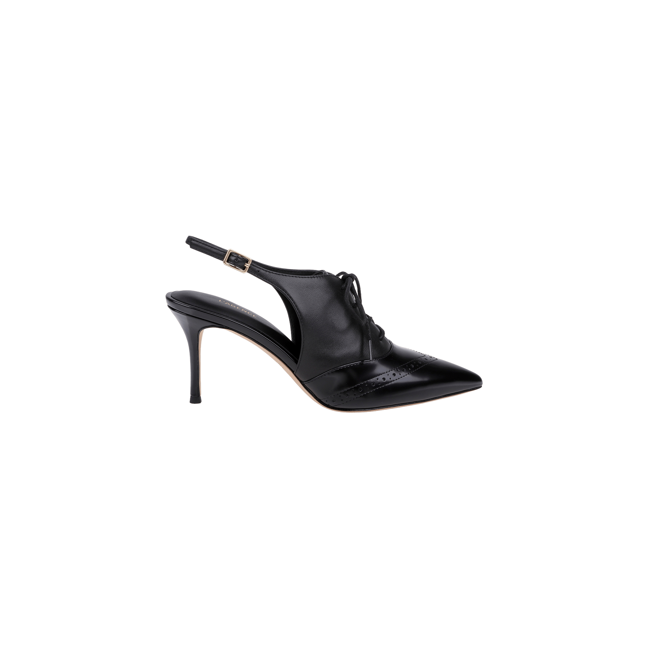 The Shreya Leather Slingback Pump, a black leather stiletto featuring a pointed toe, lace-up front, cut-out sides, and a slingback strap with a small buckle, is displayed on a white background. This oxford-inspired design exudes both elegance and sophistication.