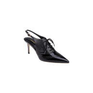 Introducing the Shreya Leather Slingback Pump: a black pointed-toe high heel with a lace-up front and cutout heel, crafted from glossy black leather on the toe. This elegant slingback stiletto features a small buckle on the ankle strap, flawlessly blending classic oxford styling with modern detailing.