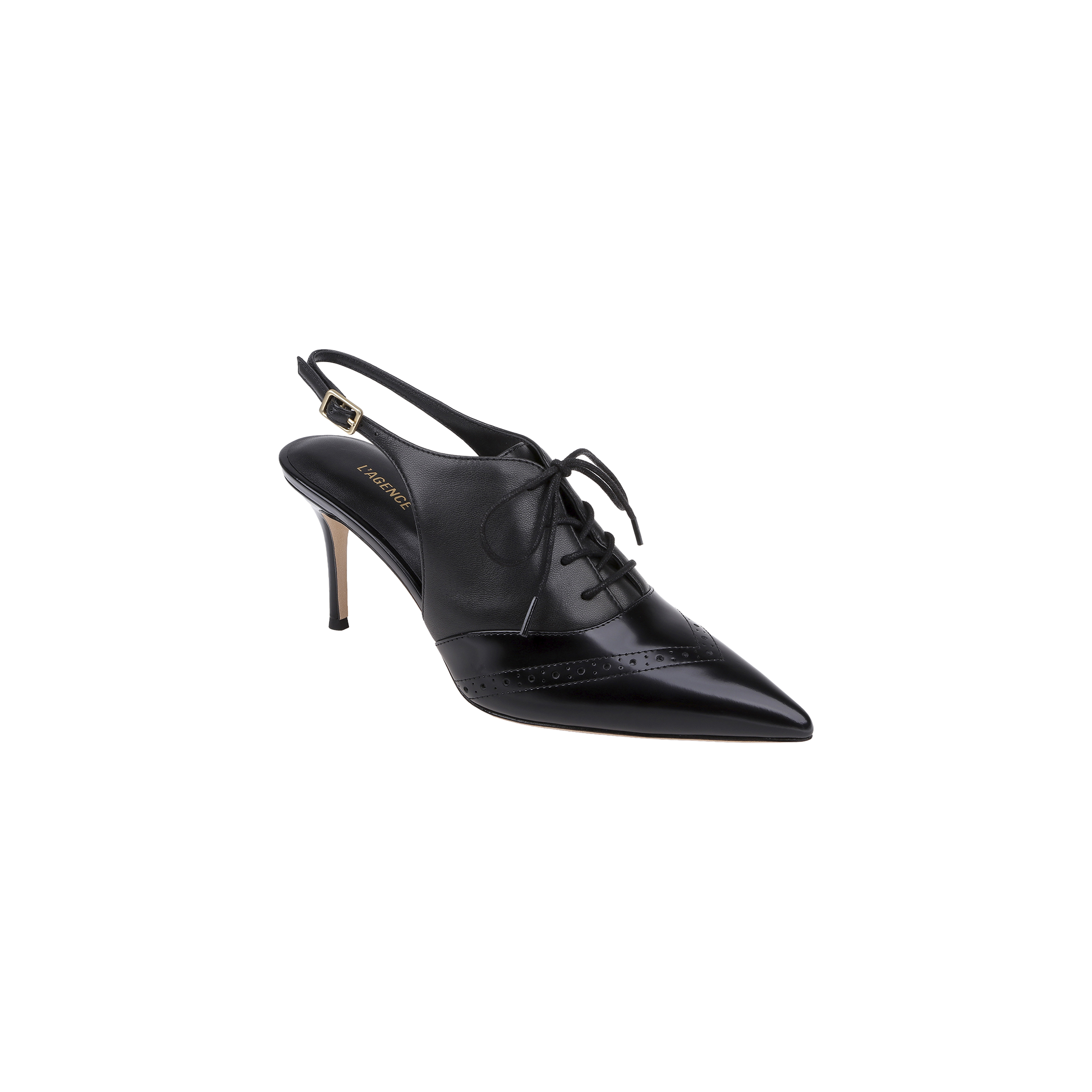 Introducing the Shreya Leather Slingback Pump: a black pointed-toe high heel with a lace-up front and cutout heel, crafted from glossy black leather on the toe. This elegant slingback stiletto features a small buckle on the ankle strap, flawlessly blending classic oxford styling with modern detailing.