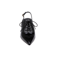 Shreya Leather Slingback Pump in black leather, featuring a pointed toe, lace-up front, decorative perforated strip, and an ankle strap with buckle closure—shown from above against a white background.