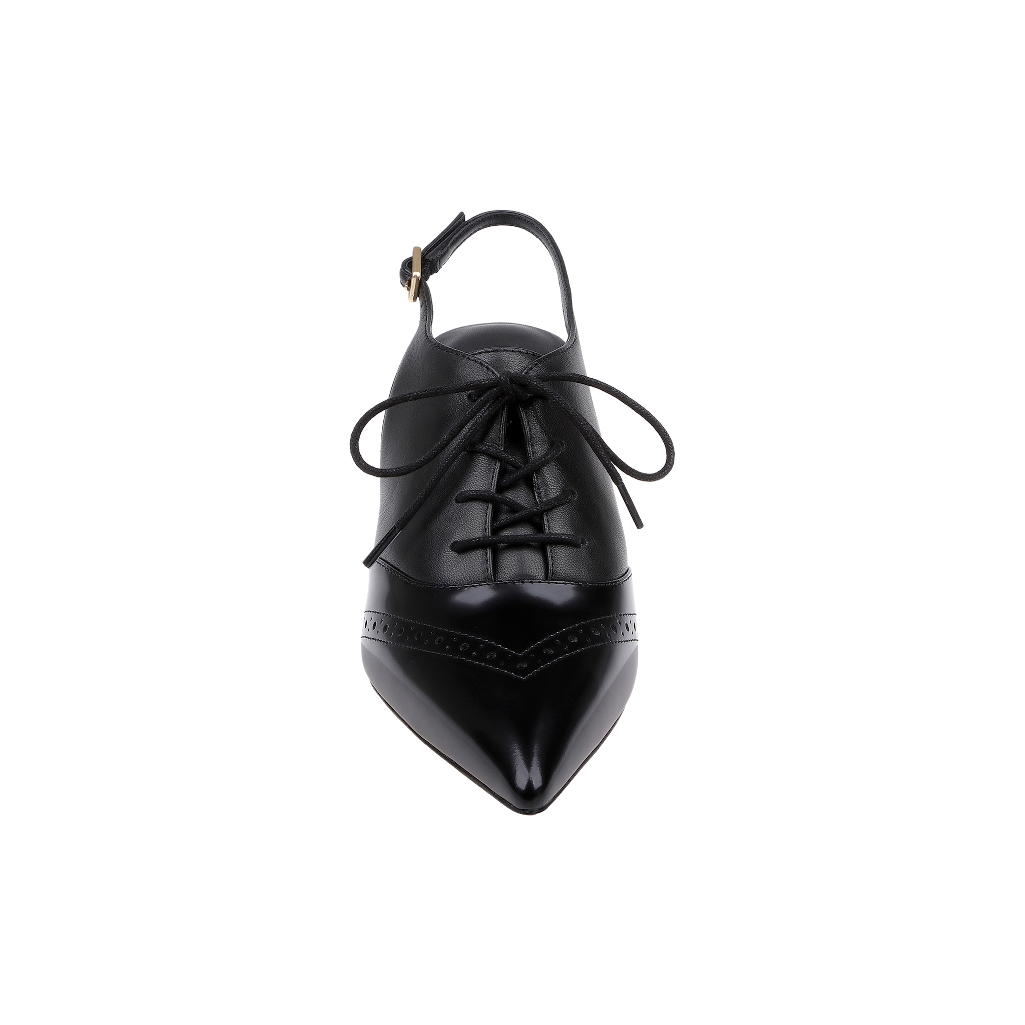 Shreya Leather Slingback Pump in black leather, featuring a pointed toe, lace-up front, decorative perforated strip, and an ankle strap with buckle closure—shown from above against a white background.