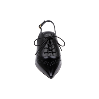 Shreya Leather Slingback Pump in black leather, featuring a pointy toe and ankle strap, viewed from above on a white background.