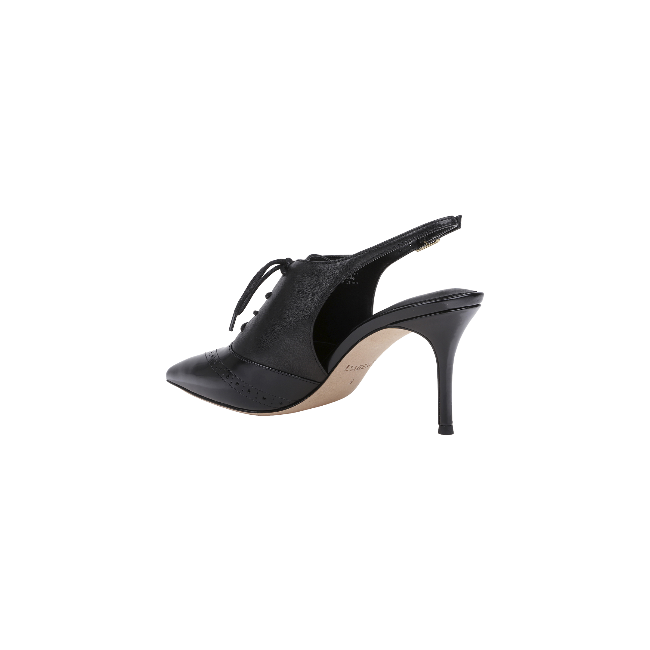 The Shreya Leather Slingback Pump is a black leather oxford stiletto featuring a pointed toe, lace-up front, and slingback strap, displayed against a plain white background.