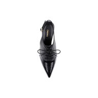 Shreya Leather Slingback Pump in black oxford style, featuring a pointed toe, laces, and decorative perforations. Crafted from black leather and viewed from above, the insole is marked with gold LAFORCE branding. Set against a plain white background.