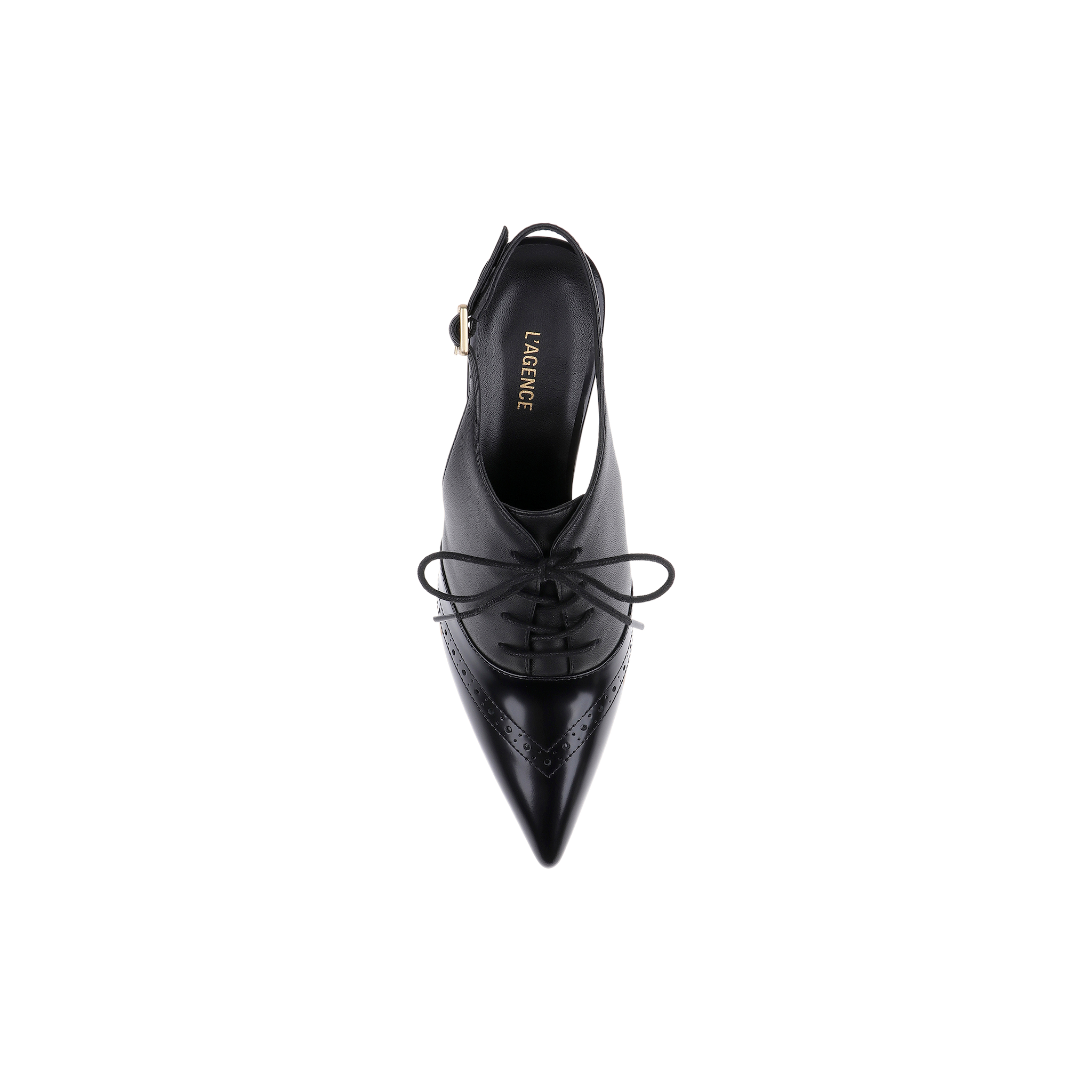 Shreya Leather Slingback Pump in black oxford style, featuring a pointed toe, laces, and decorative perforations. Crafted from black leather and viewed from above, the insole is marked with gold LAFORCE branding. Set against a plain white background.