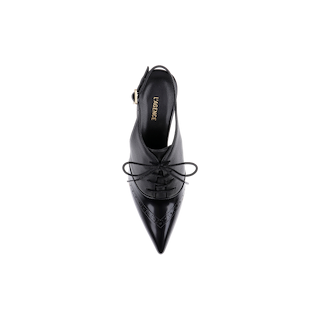 Top view of the Shreya Leather Slingback Pump in black leather, featuring a pointed toe, slingback strap with gold buckle, lace-up detail, and decorative perforations on the toe. This elegant oxford stiletto has “LAFORCE” printed on the insole.