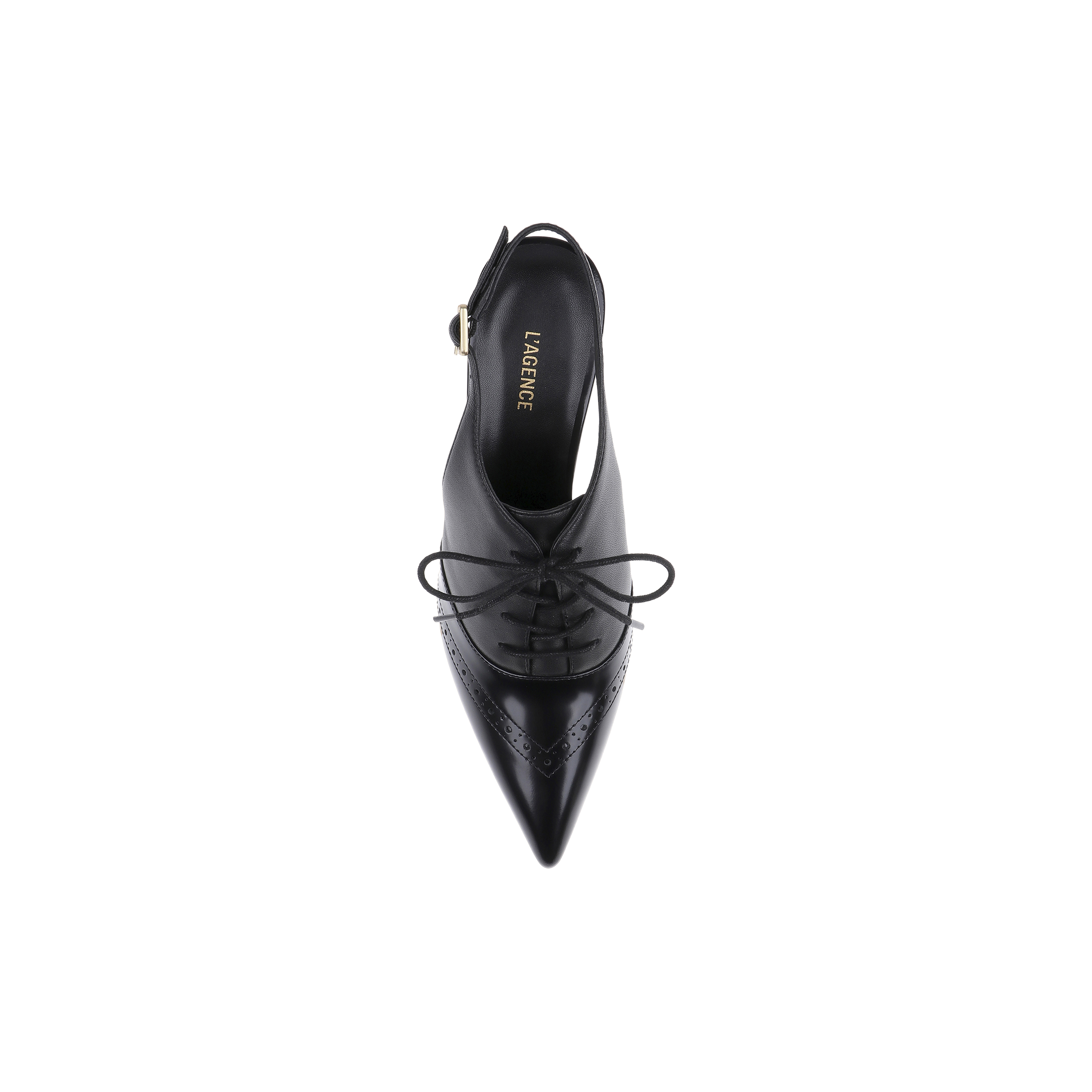 Shreya Leather Slingback Pump in black oxford style, featuring a pointed toe, laces, and decorative perforations. Crafted from black leather and viewed from above, the insole is marked with gold LAFORCE branding. Set against a plain white background.
