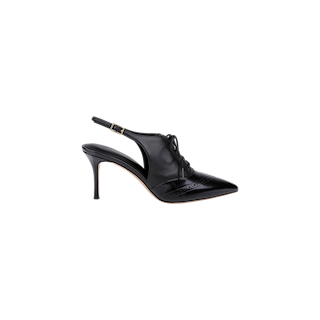 The Shreya Leather Slingback Pump is a black leather oxford stiletto with a pointed toe, lace-up front, and thin stiletto heel, displayed in side profile against a plain white background.