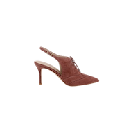 A single Shreya Suede Slingback Pump in pink features a chic suede upper, pointed toe, cutout sides, lace-up front, slingback strap, and stiletto heel with an oxford-inspired silhouette, displayed on a white background.