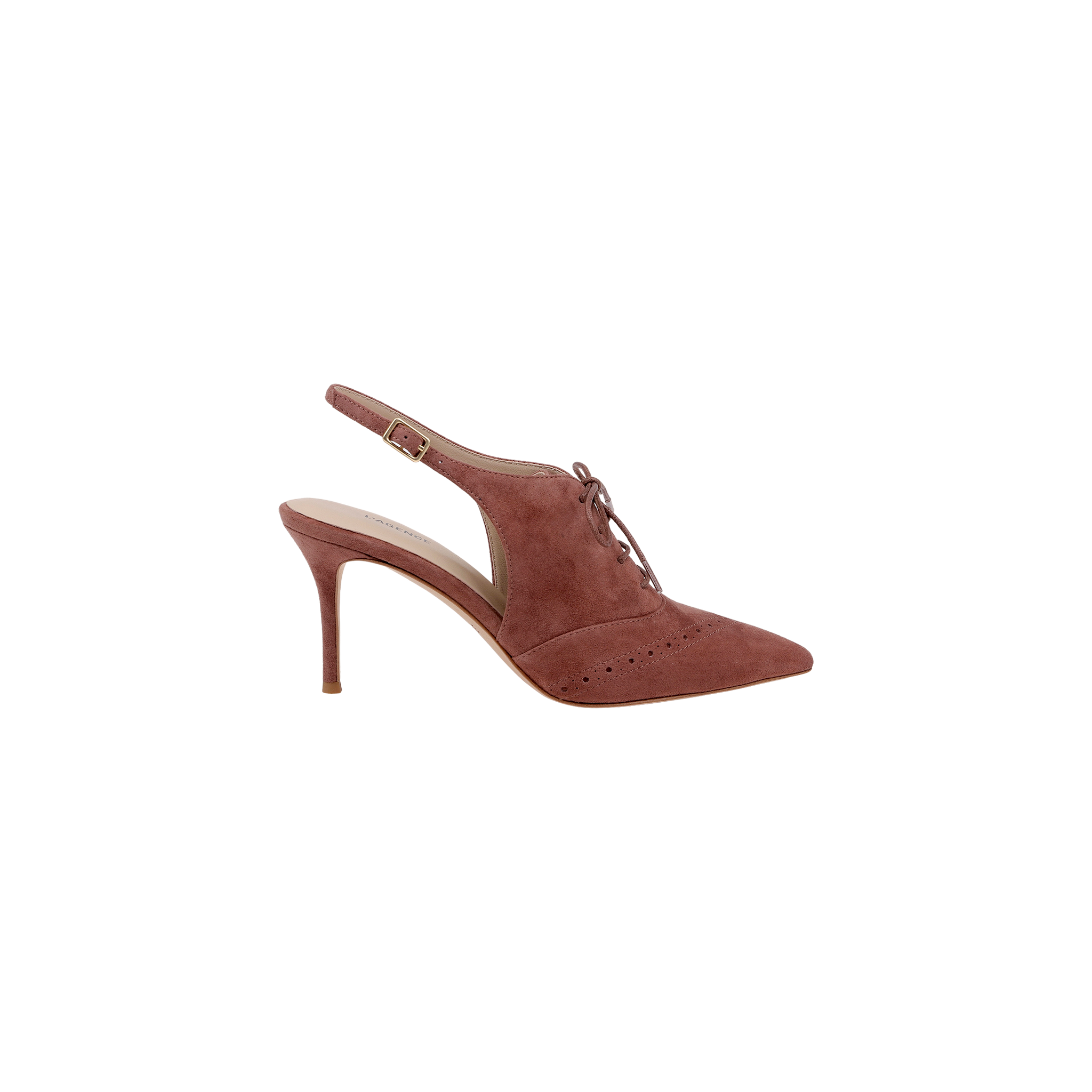 A single Shreya Suede Slingback Pump in pink features a chic suede upper, pointed toe, cutout sides, lace-up front, slingback strap, and stiletto heel with an oxford-inspired silhouette, displayed on a white background.