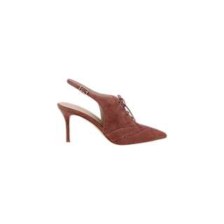 The Shreya Suede Slingback Pump features a mauve suede upper with a pointed toe, cutout sides, lace-up front, buckle strap, and a high stiletto heel in an oxford-inspired design.