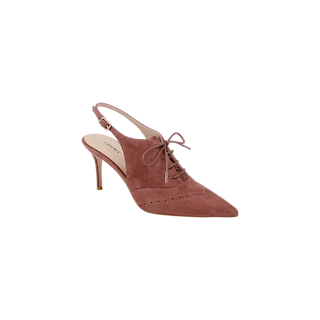 The Shreya Suede Slingback Pump is a single mauve suede heeled shoe showcasing a pointed toe, lace-up front, cutout sides, and slingback strap. Featuring a thin high heel and crafted in luxurious suede for an elegant finish, this pump redefines classic style.