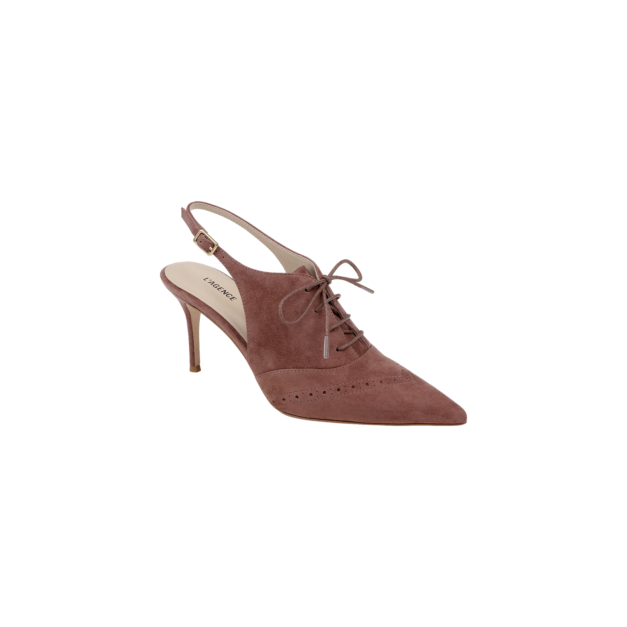 The Shreya Suede Slingback Pump features a mauve suede upper, pointed toe, lace-up front, cutout sides, and a stiletto heel oxford design, showcased against a plain white background.