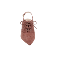 The Shreya Suede Slingback Pump is a brown suede oxford-style stiletto featuring pointed toes, laces, decorative perforations, and a slingback strap, displayed from above on a white background.