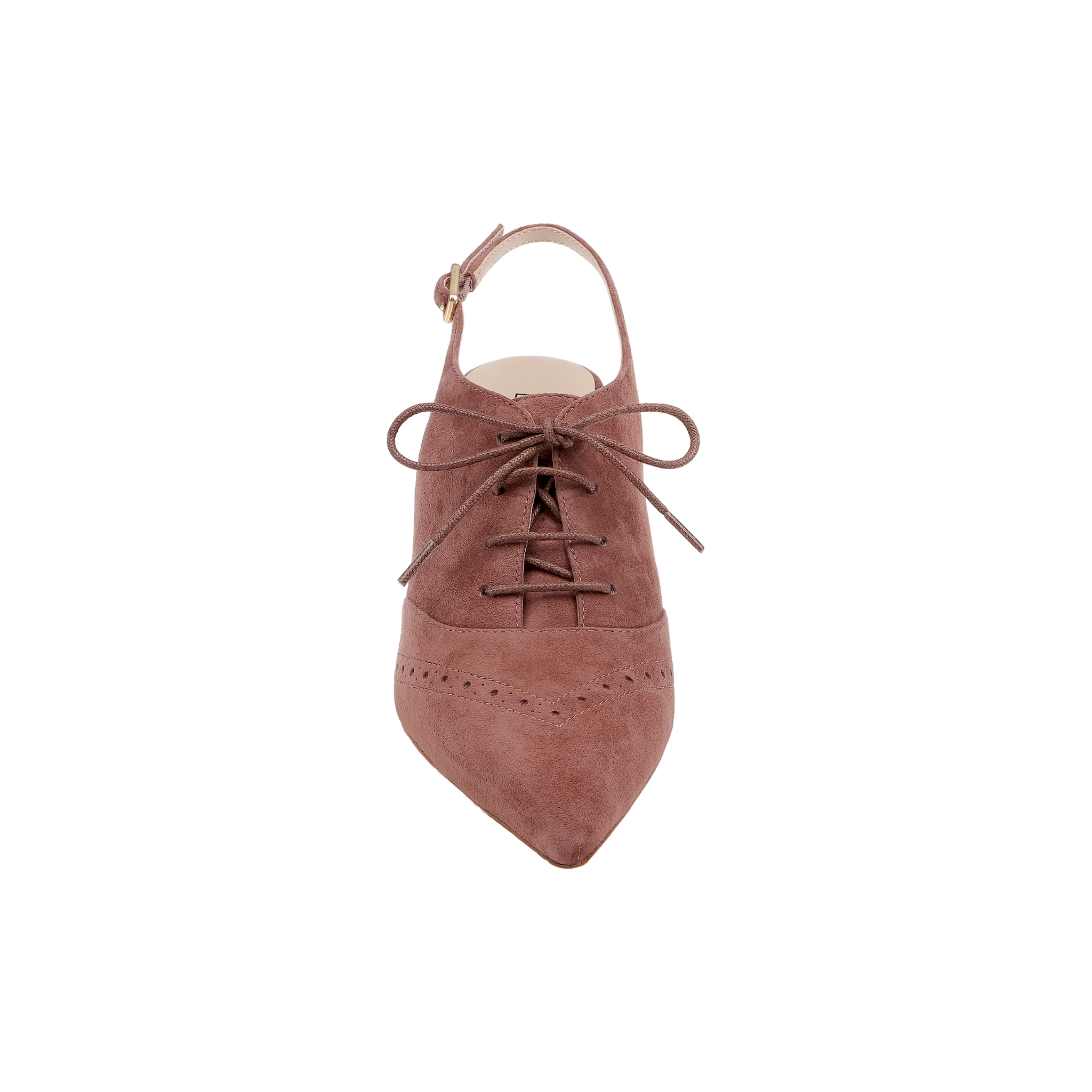 The Shreya Suede Slingback Pump is a brown suede oxford-style stiletto featuring pointed toes, laces, decorative perforations, and a slingback strap, displayed from above on a white background.