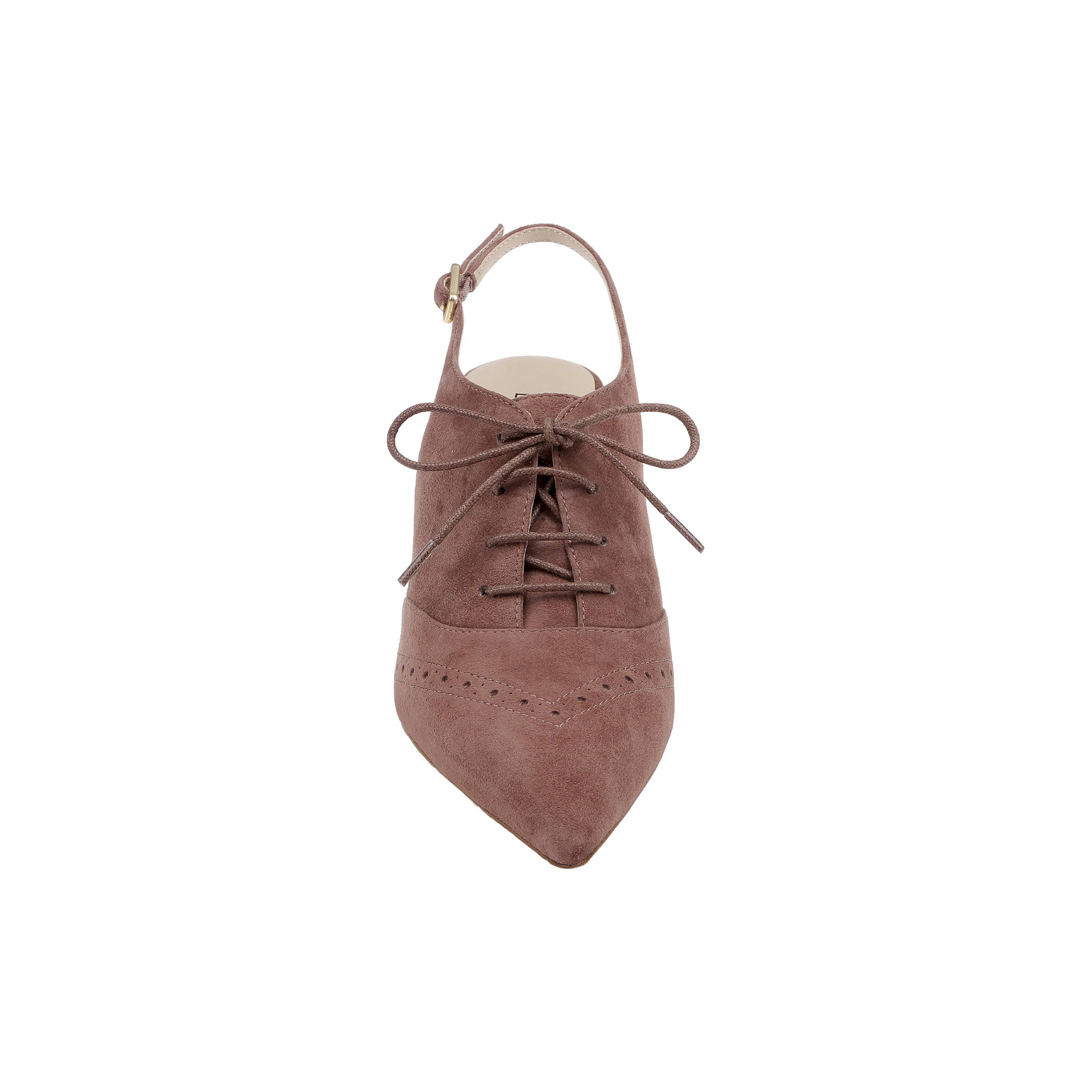 The Shreya Suede Slingback Pump is a brown suede oxford-style stiletto featuring pointed toes, laces, decorative perforations, and a slingback strap, displayed from above on a white background.